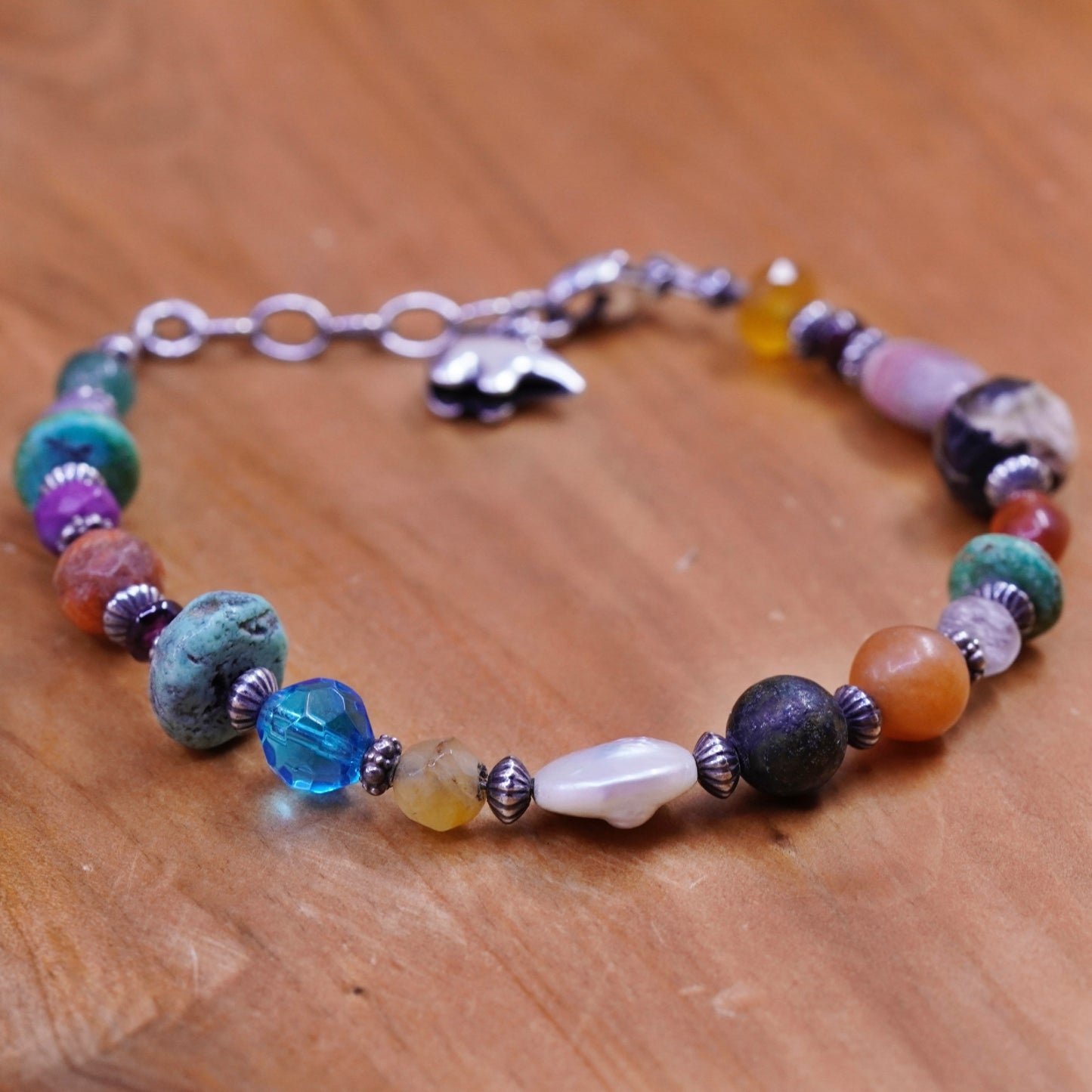 7.75”, sterling silver bracelet turquoise citrine carnelian polar bear charm