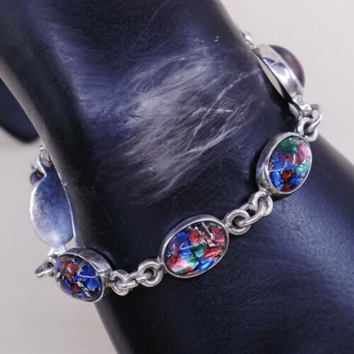 8”, Vtg Sterling Silver Handmade Bracelet, 925 Link W/ Colorful Foiled Glass