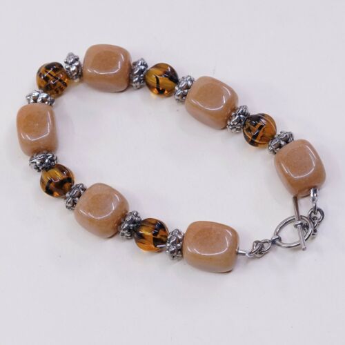 6”, Vtg Handmade Amber N Orange Gemstone Bracelet W/ Silver Tone Toggle Closure