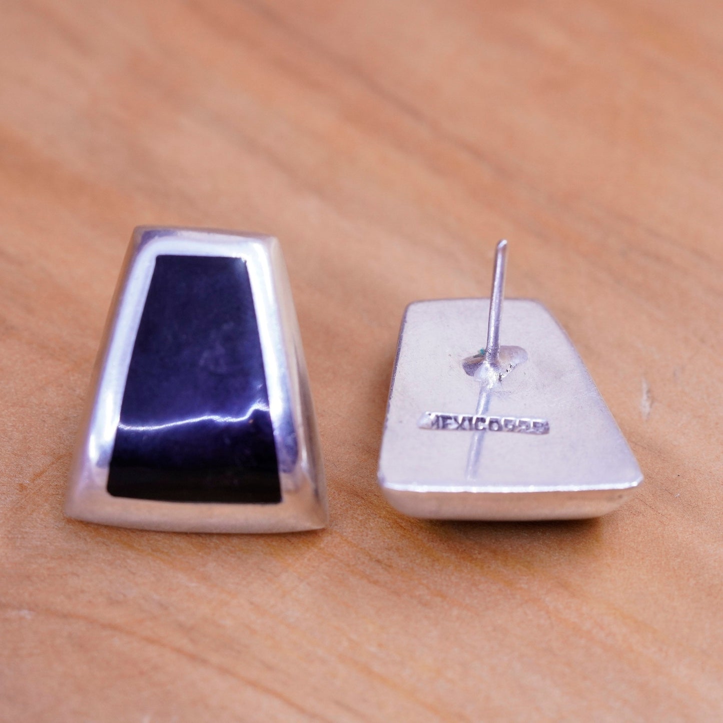 Vintage Mexico Sterling 925 silver handmade studs earrings with obsidian inlay, stamped 925 Mexico