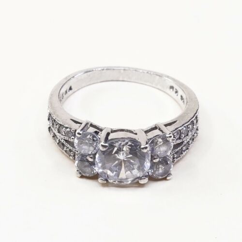 Sz 9, vintage Sterling Ring, 925 Silver Engagement Ring W/ cluster Crystal