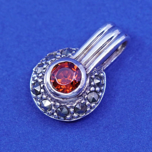 Vintage sterling 925 silver handmade pendant with ruby and marcasite details