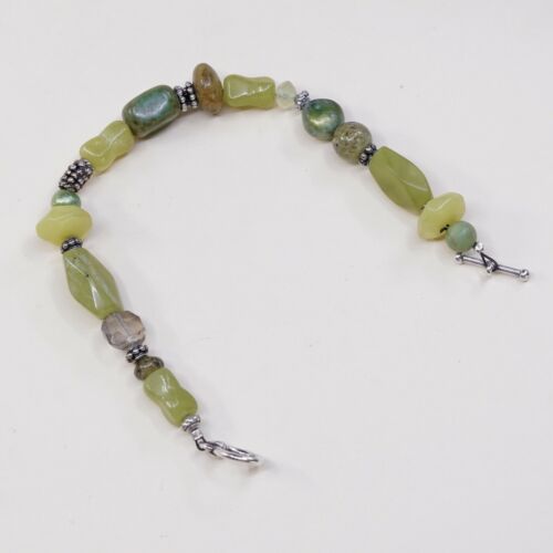 6.5”, Vintage Sterling Silver Handmade Bracelet, 925 Silver W/ Jade N Crystal