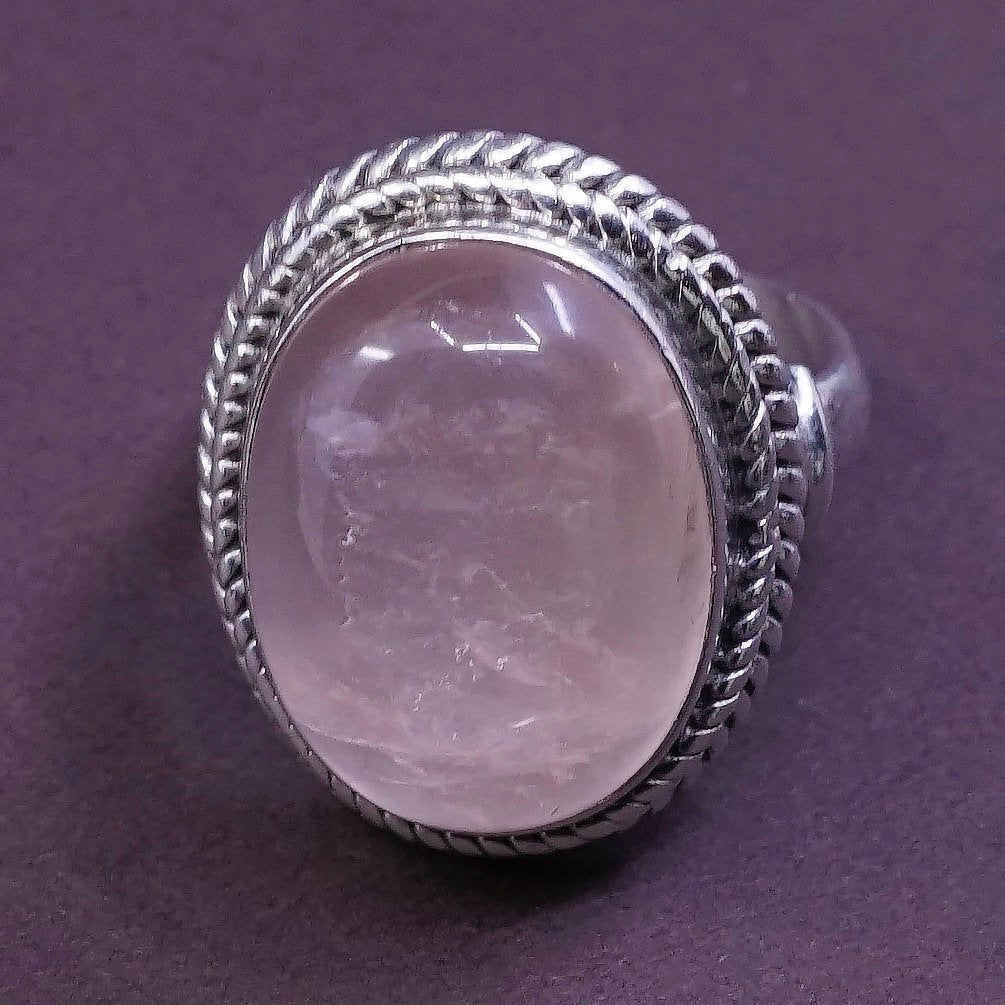 sz 8.5, vtg Sterling silver handmade ring, 925 w/ pink Quartz N cable