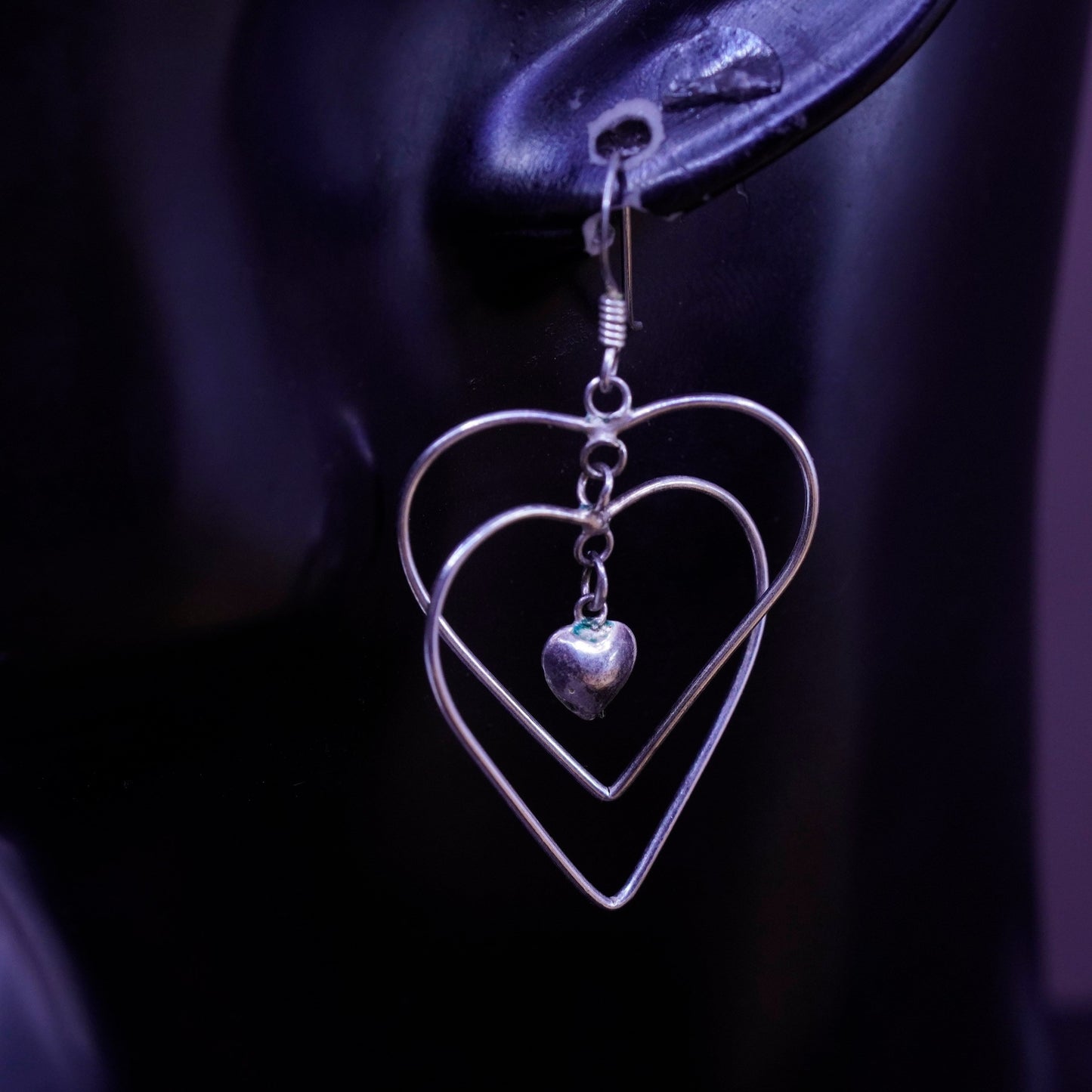 Vintage Sterling silver handmade earrings, 925 double heart