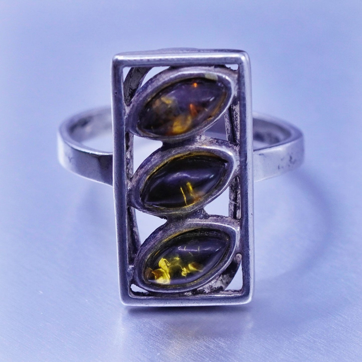 Size 8.5, vintage Sterling 925 silver handmade ring with Amber