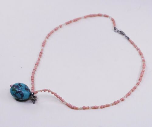 16”, Vtg Handmade Sterling 925 Silver W/ green turquoise Necklace N Coral Beads