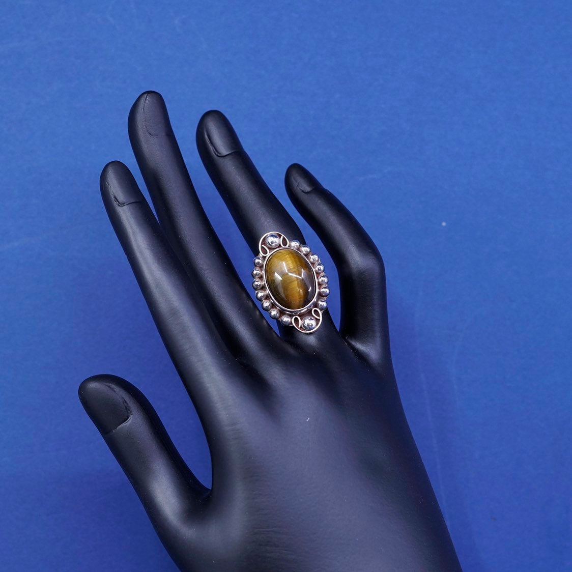 sz 5, vtg mexico Sterling 925 silver handmade ring w/ golden tiger eye N beads