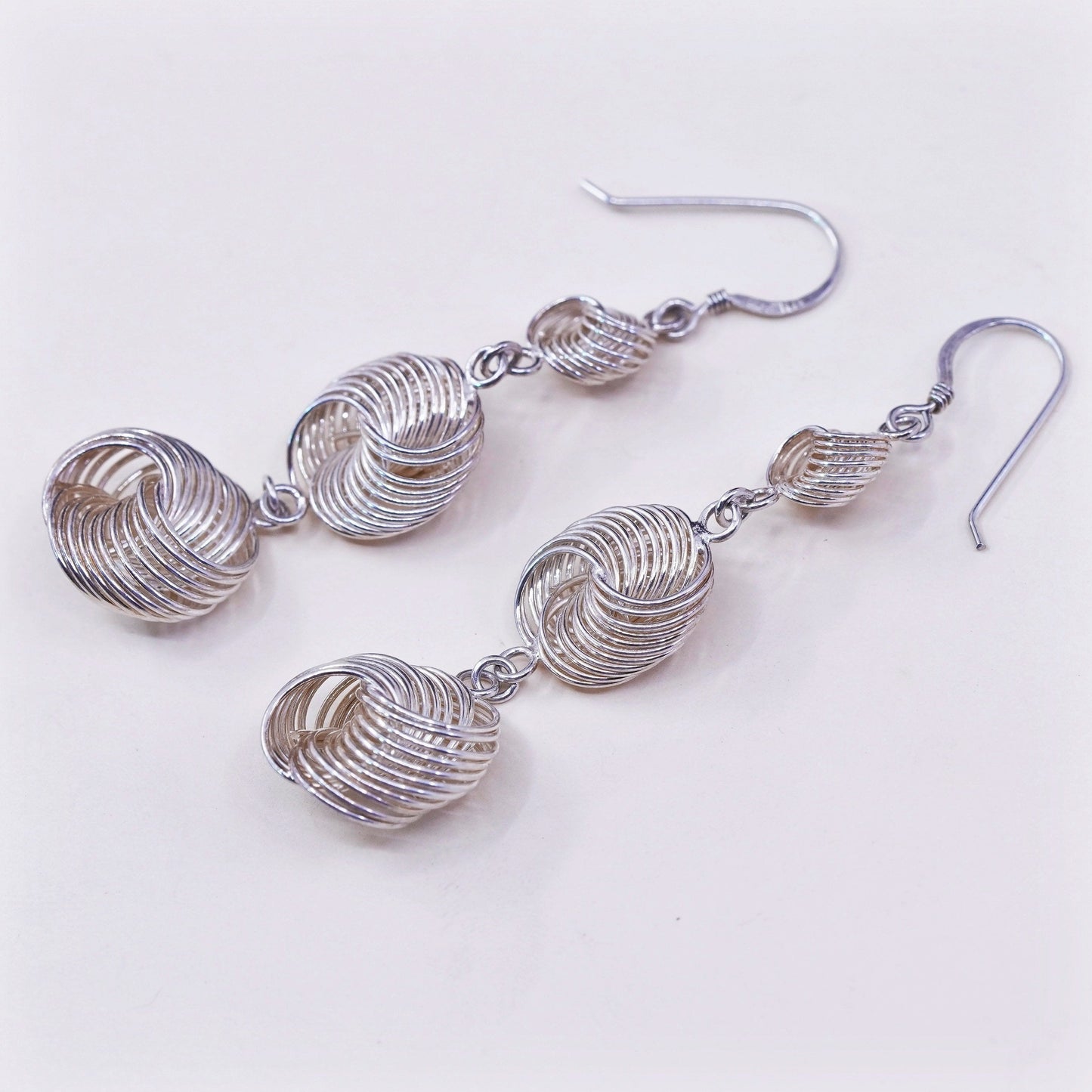 Vintage sterling silver handmade earrings, 925 twisted entwined circle dangles