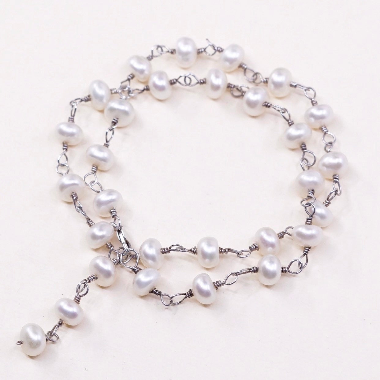 16", vtg italy handmade Sterling silver bead link chain with pearl beads