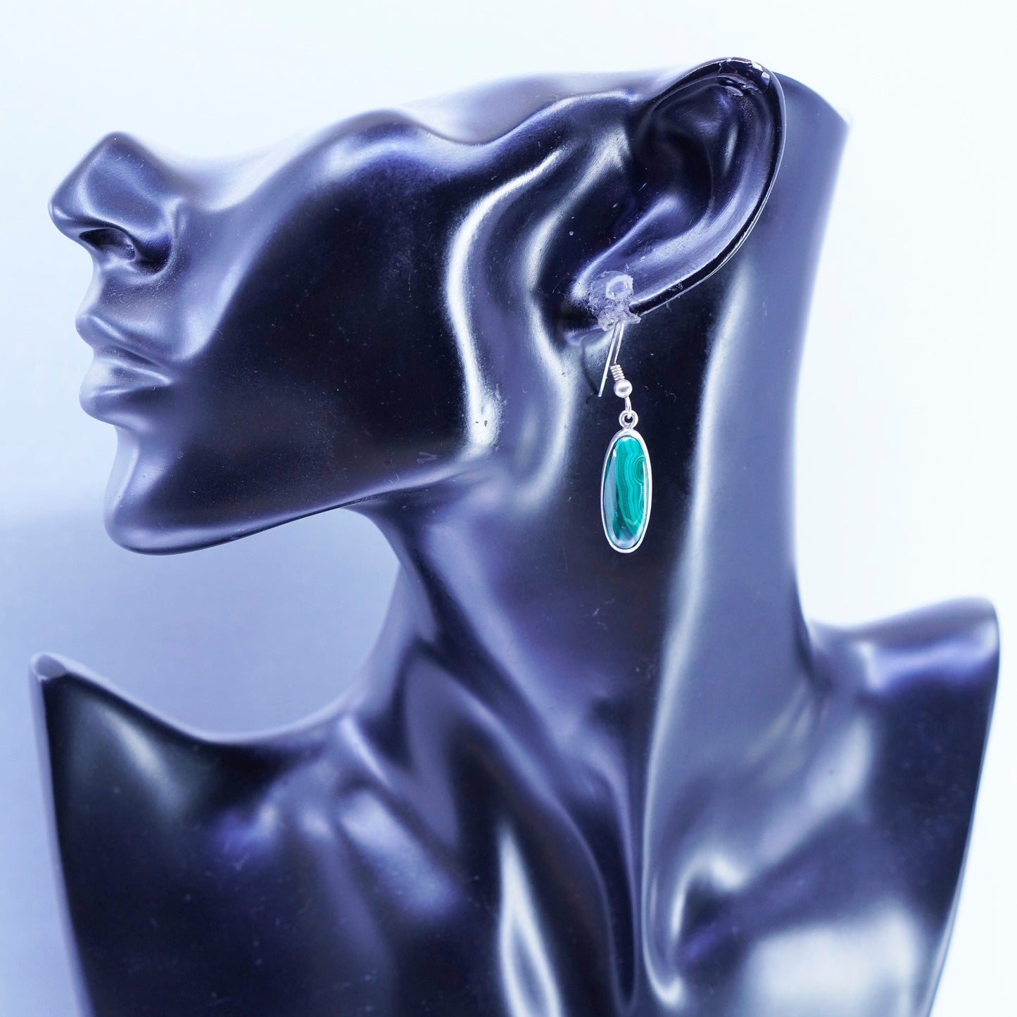Vintage Mexico Sterling 925 silver handmade earrings with oval malachite