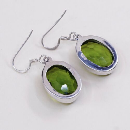 Vtg STERLING 925 SILVER Handmade earrings with Green Cushion Cut Crystal dangles