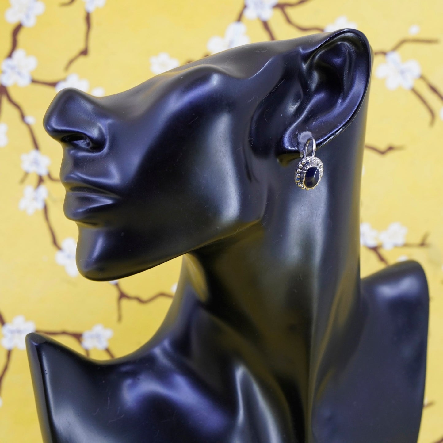 Vintage Sterling 925 silver handmade earrings with oval onyx and beads