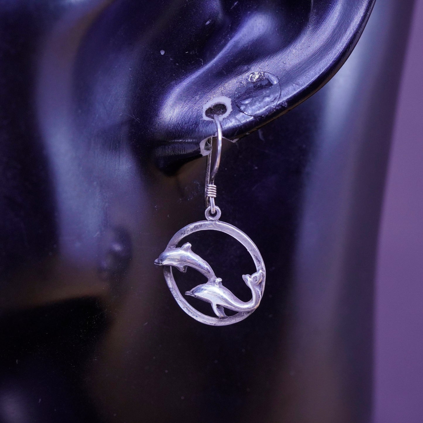 Vintage Sterling silver handmade earrings, 925 dolphin dangle
