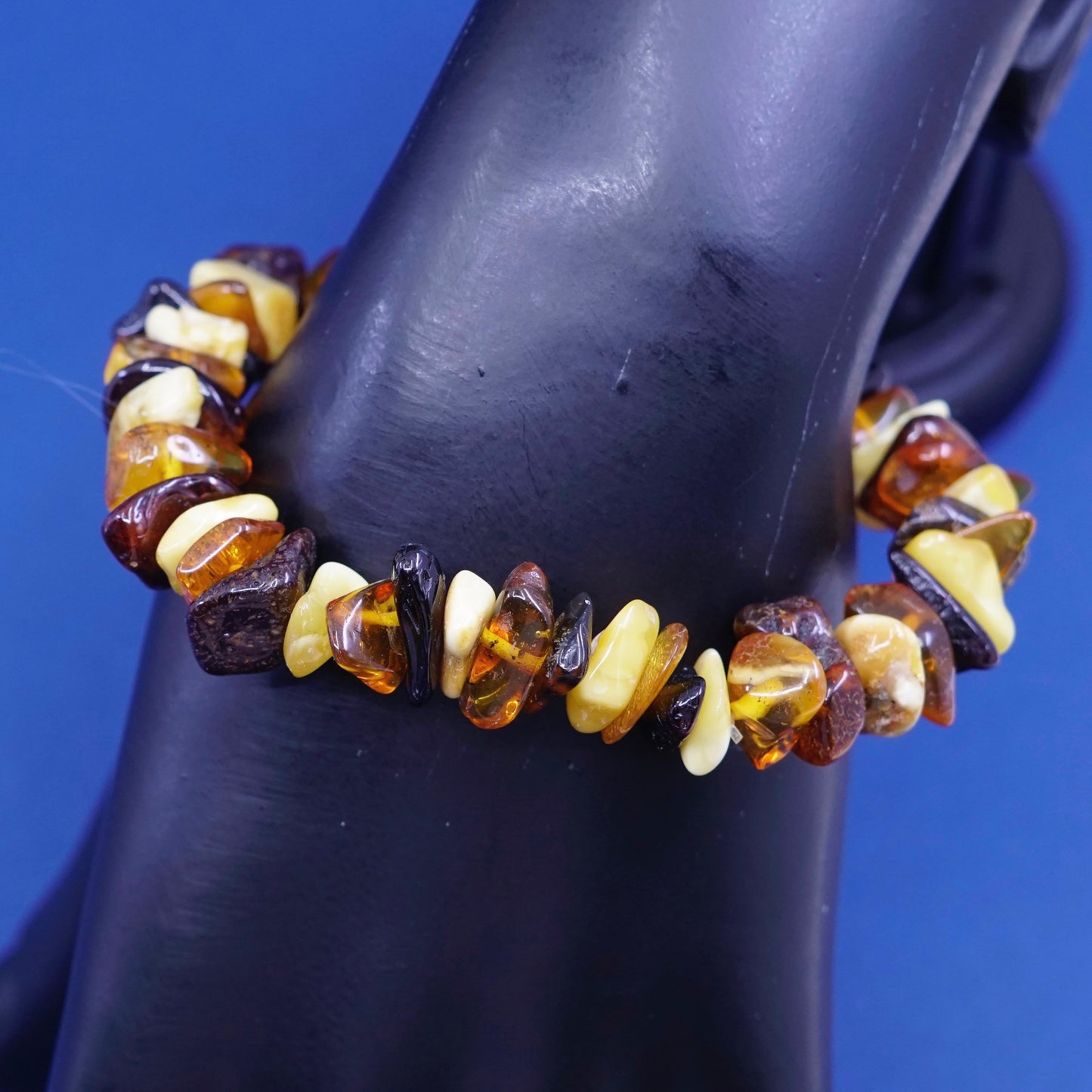 6.25”, vintage handmade Amber nugget bracelet with elastic band