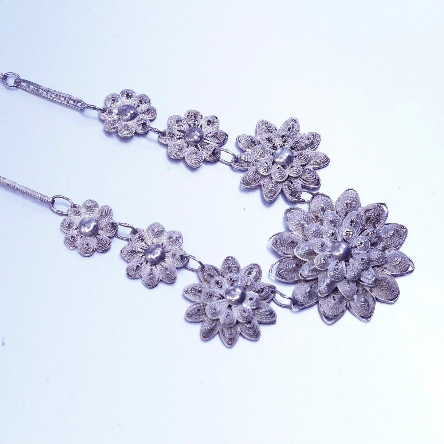 15” southwestern Sterling 925 silver filigree elongated necklace flower pendant