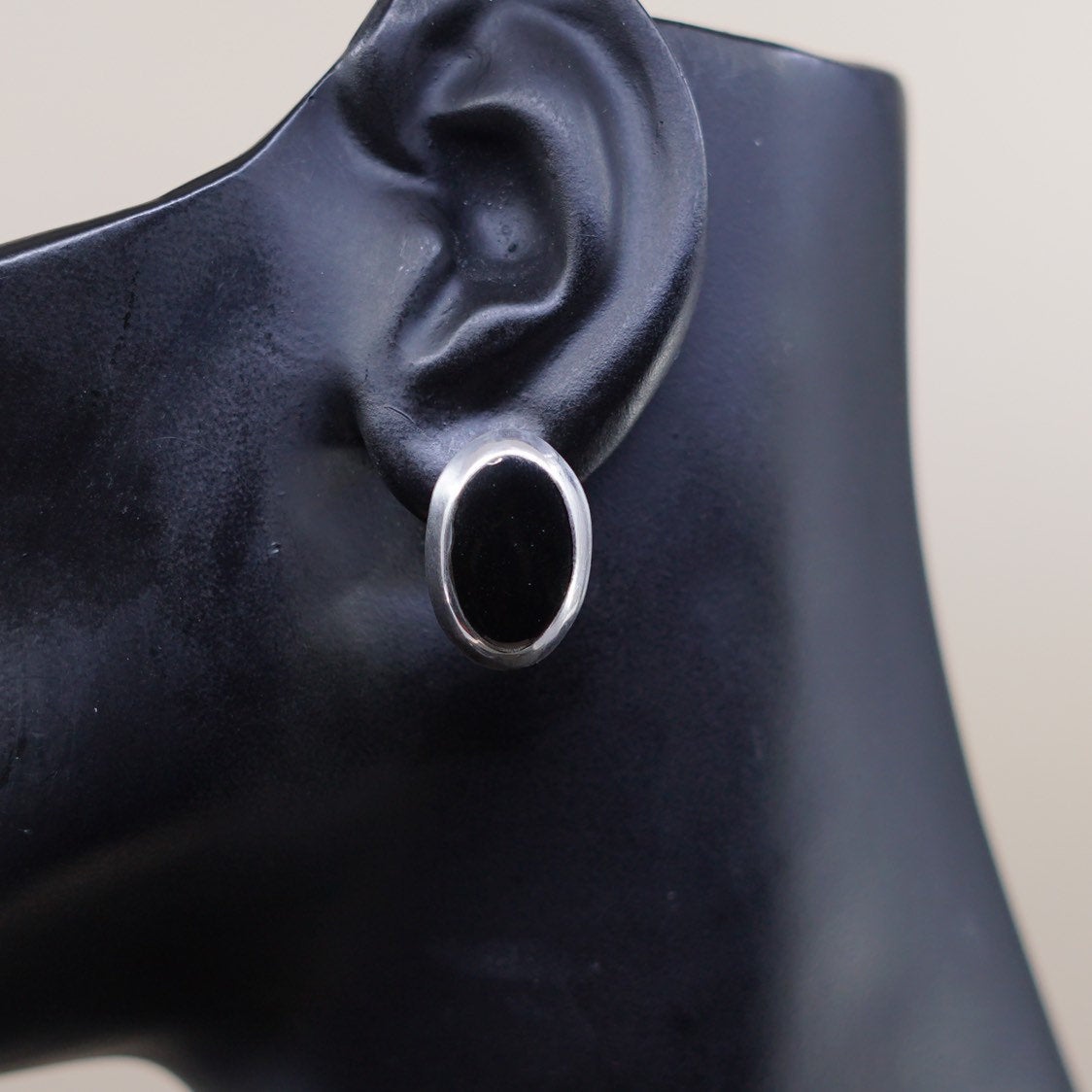 Vintage Sterling silver handmade earrings, 925 w/ oval obsidian studs