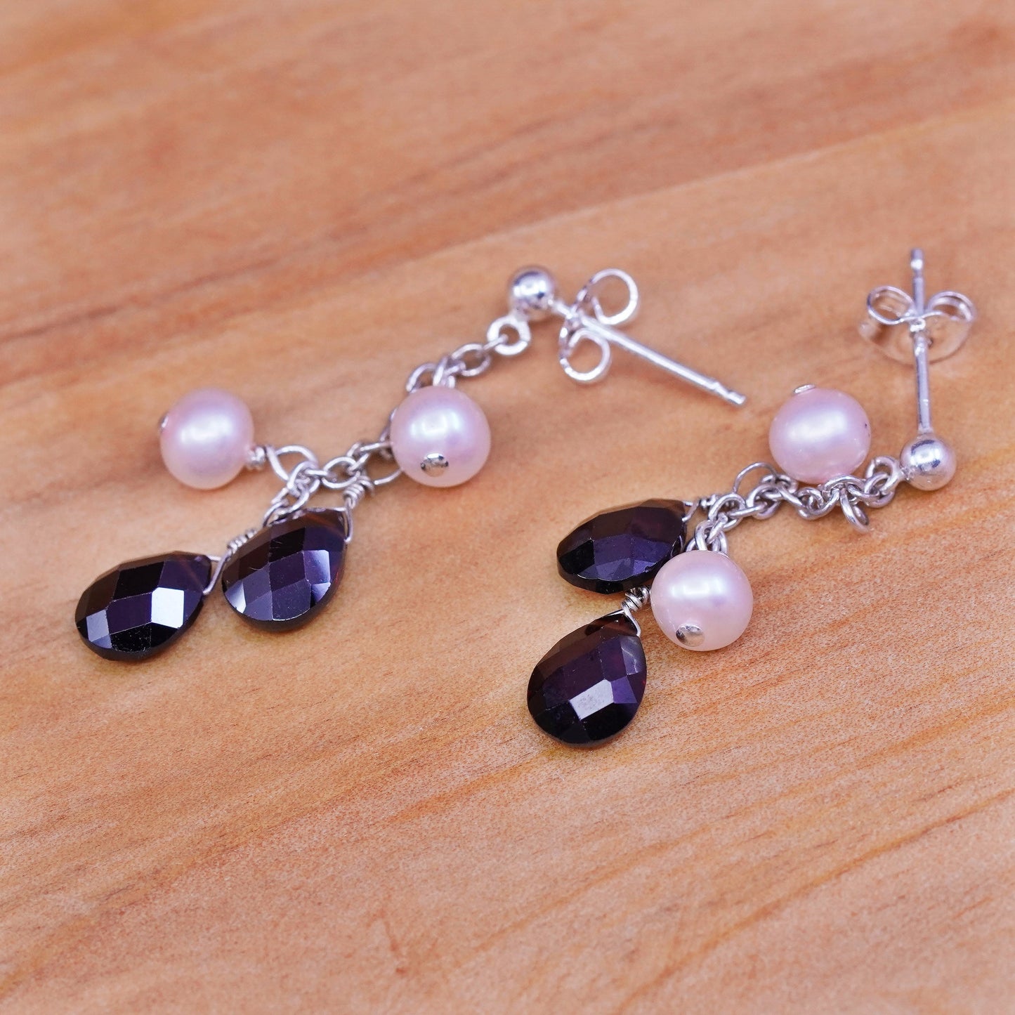 Vintage Sterling 925 silver handmade earrings w/ pearl N teardrop ruby dangles