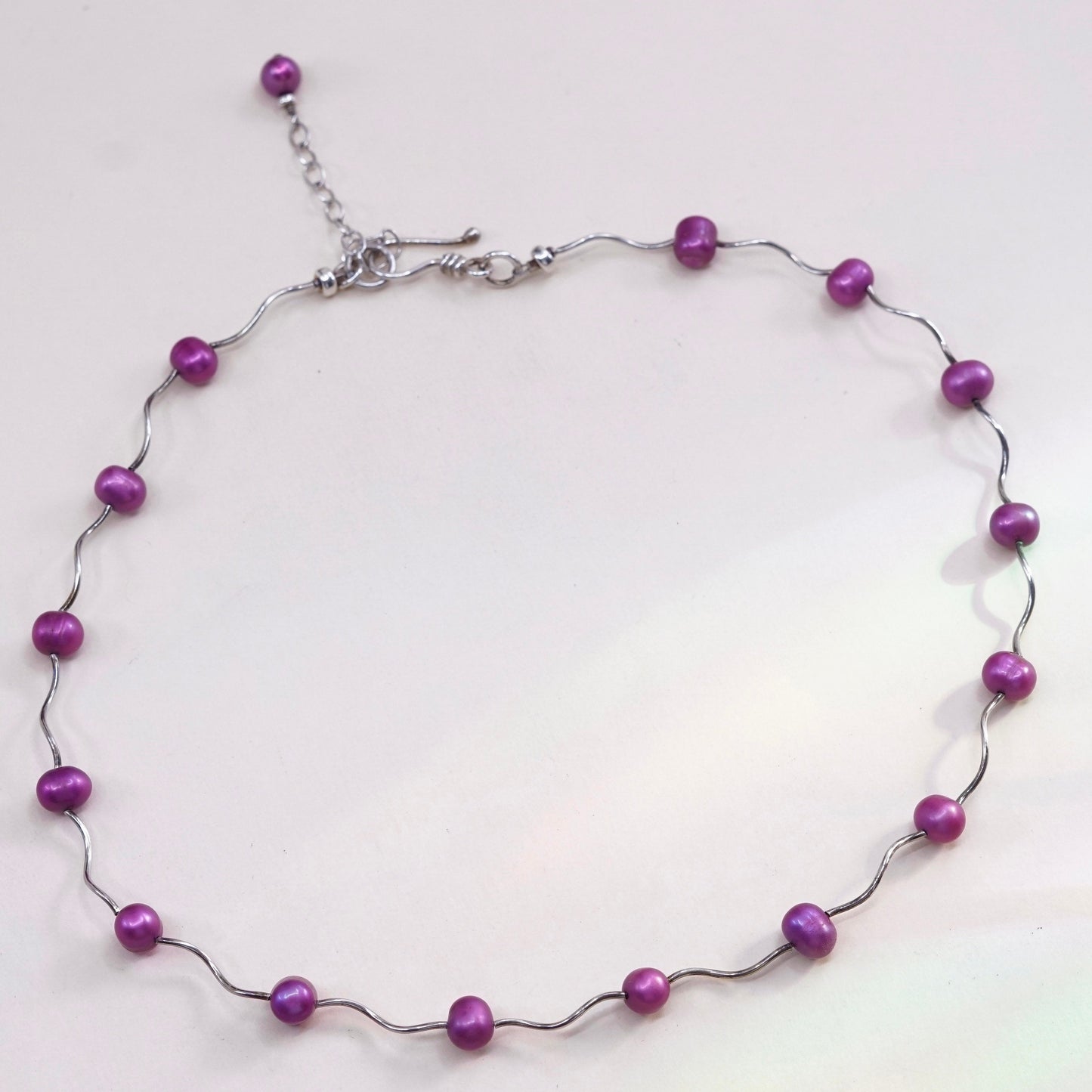 16”+2”, vtg Sterling silver handmade necklace, 925 liquid chain W/ pink pearl