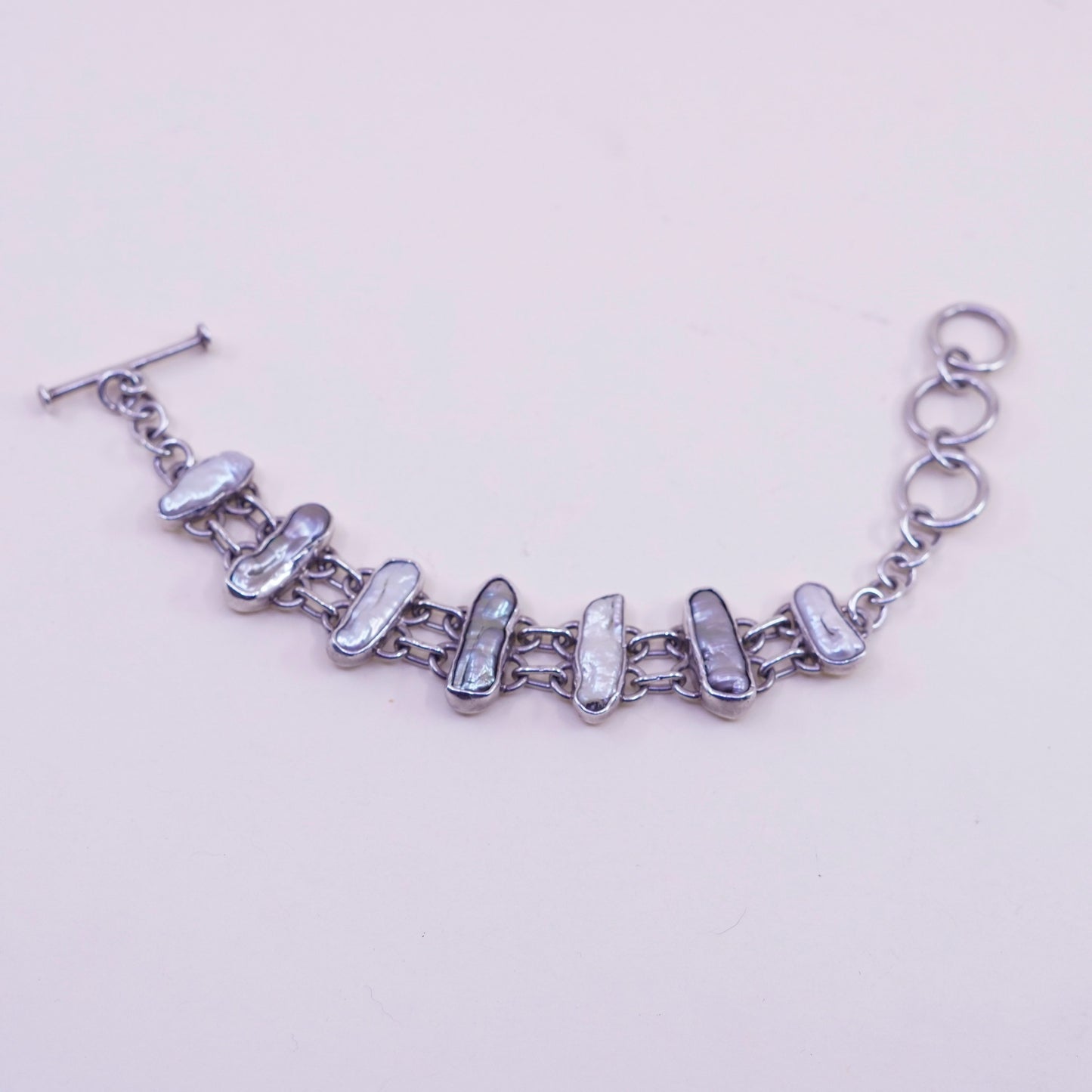 6.5+1”, handmade Sterling 925 silver bracelet with long pearl toggle closure
