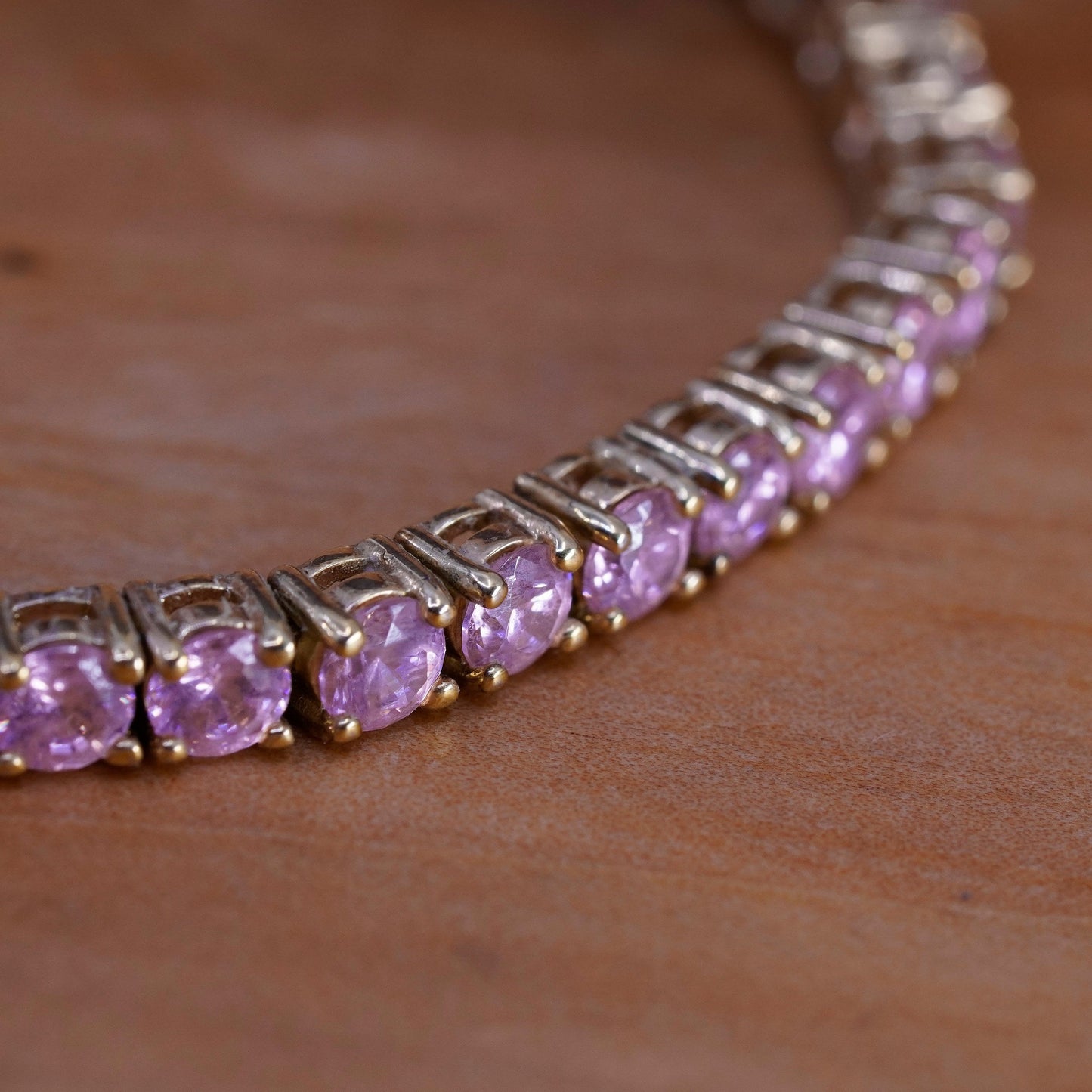 6.75”, vermeil gold Sterling 925 silver tennis bracelet, chain pink crystal