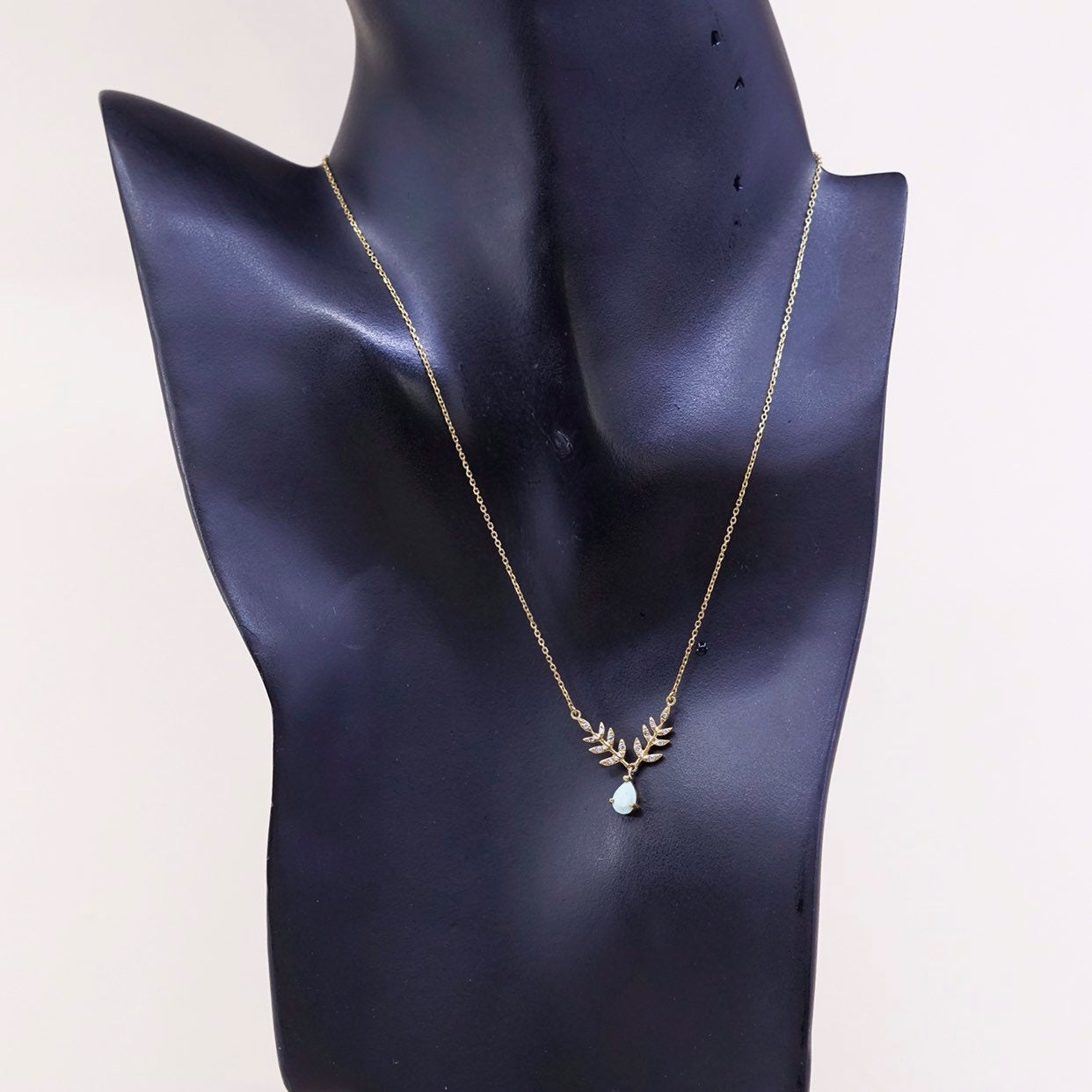 16", gold sterling 925 silver necklace chain w/ leaves pendant N turquoise