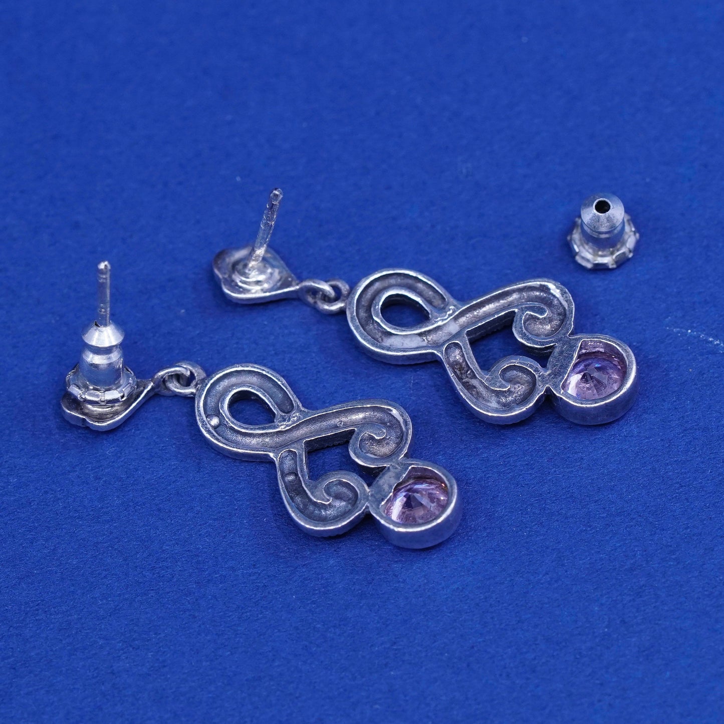 vtg sterling 925 silver handmade earrings w/ pink crystal M marcasite