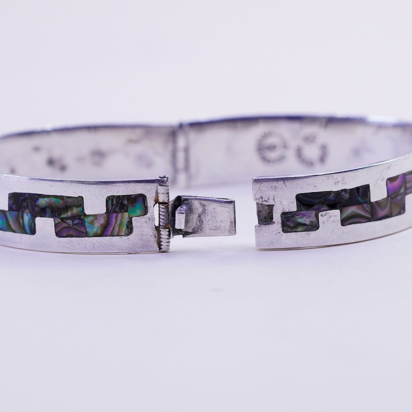 7”, vintage sterling silver handmade bracelet, 925 bar bangle with abalone