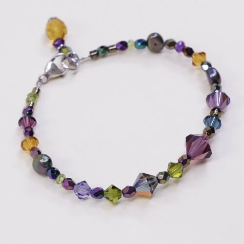 7.5”, Vtg Sterling 925 Silver Handmade Bracelet, Crystal N Tahitian Pearl beads