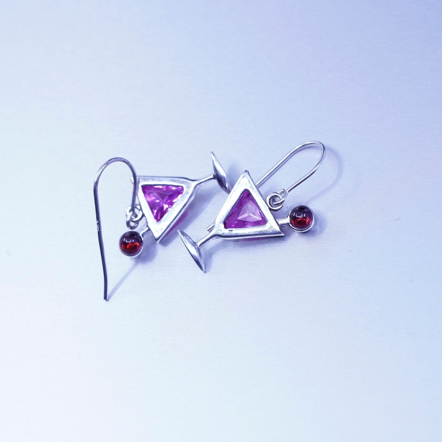 vtg Sterling 925 silver handmade cocktail earrings pink crystal garnet olive