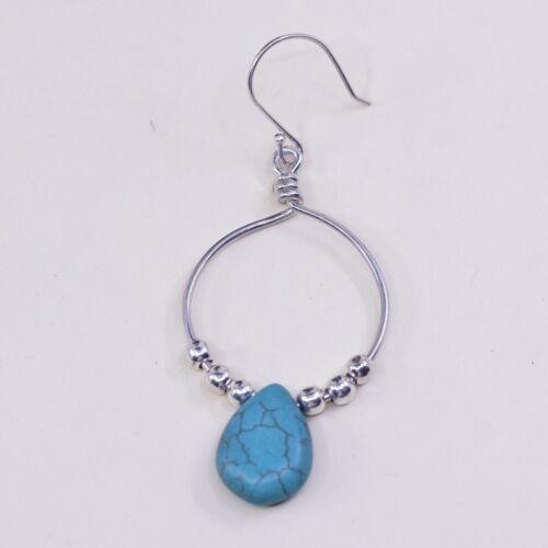 Vtg Hoops handmade Sterling 925 Silver Earrings w/ Teardrop turquoise