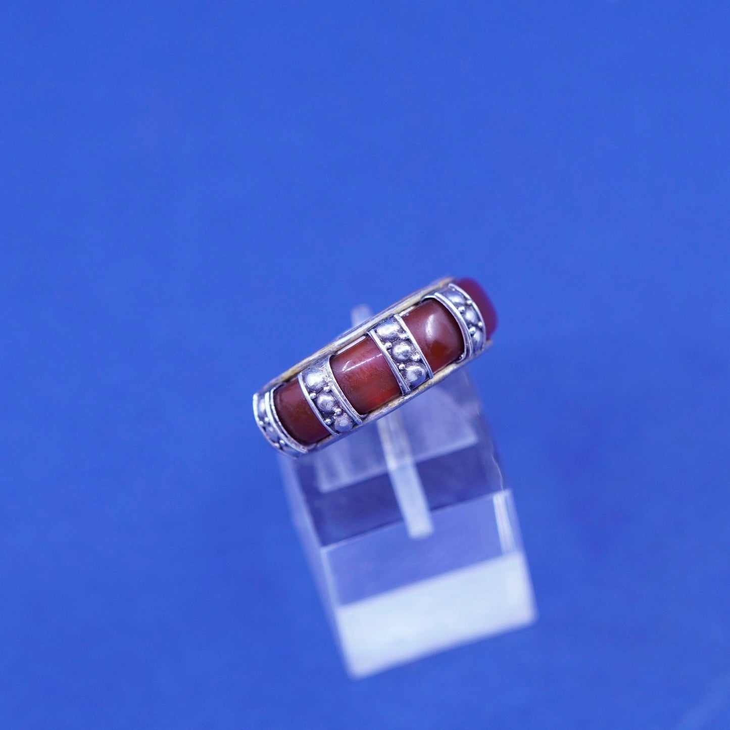 Size 7.5, Sterling Silver 925 Red Carnelian handmade Ring band with beads