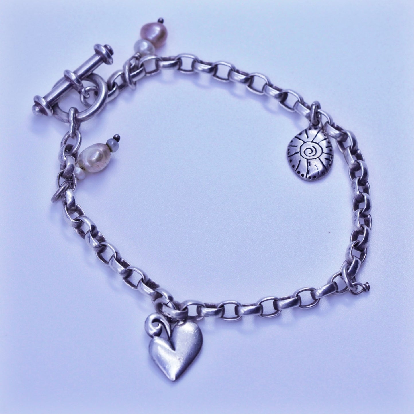 6.75”, AGAU Sterling silver bracelet, 925 bold circle chain heart pearl charms