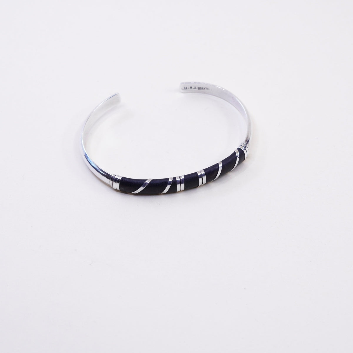 7.25”, vintage Sterling silver handmade cuff, mexico 925 bracelet black leather