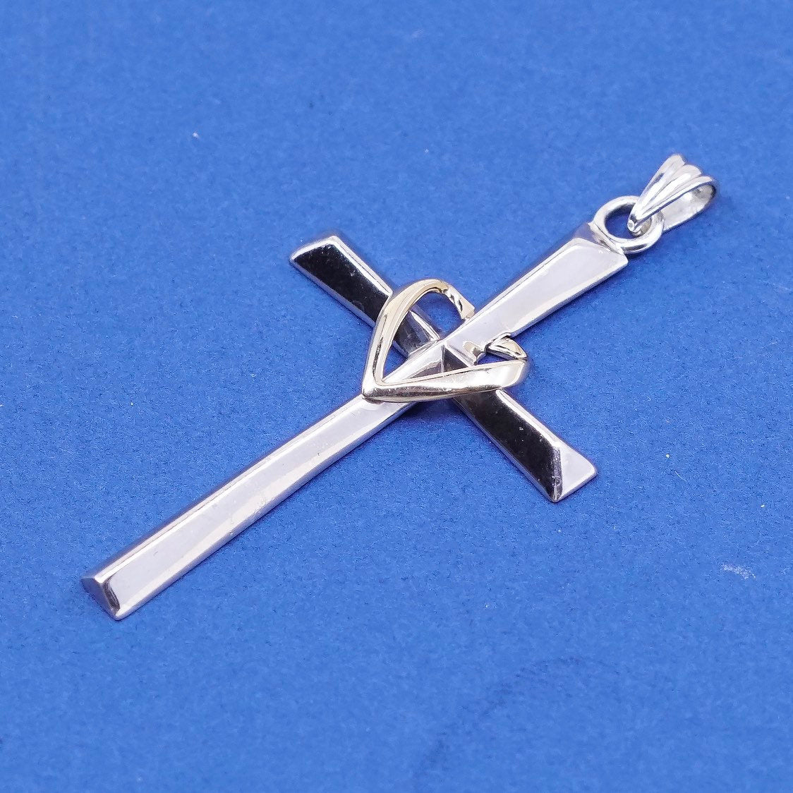 vtg Love earth Sterling silver prayer pendant, 925 cross 2/ 10K gold heart