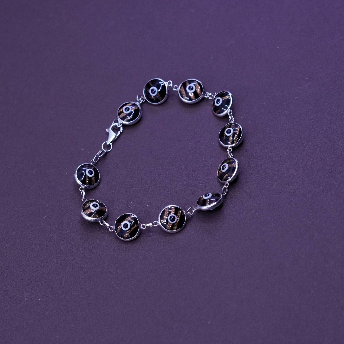 7”, vtg sterling 925 silver handmade bracelet w/ foiled glass evil eye bracelet