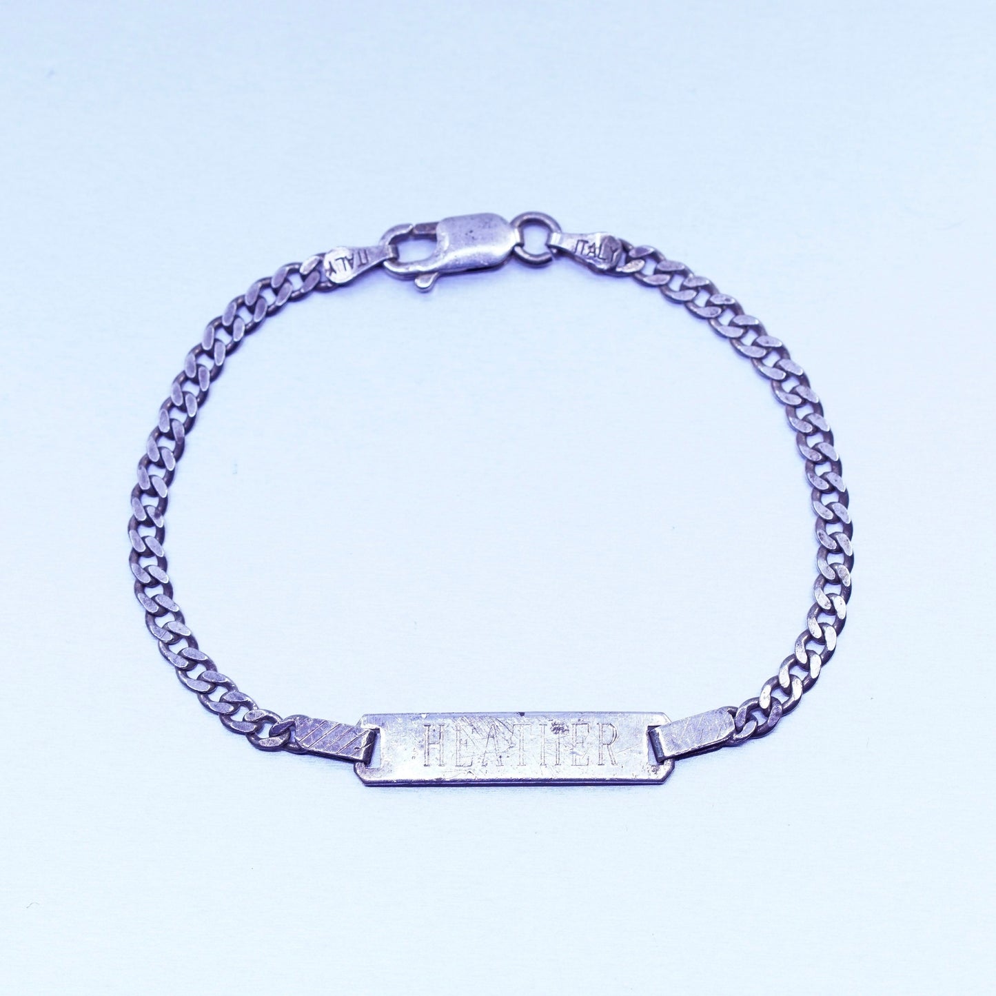 6.5”, Vintage Sterling silver bracelet, 925 curb chain tag “heather slattery”
