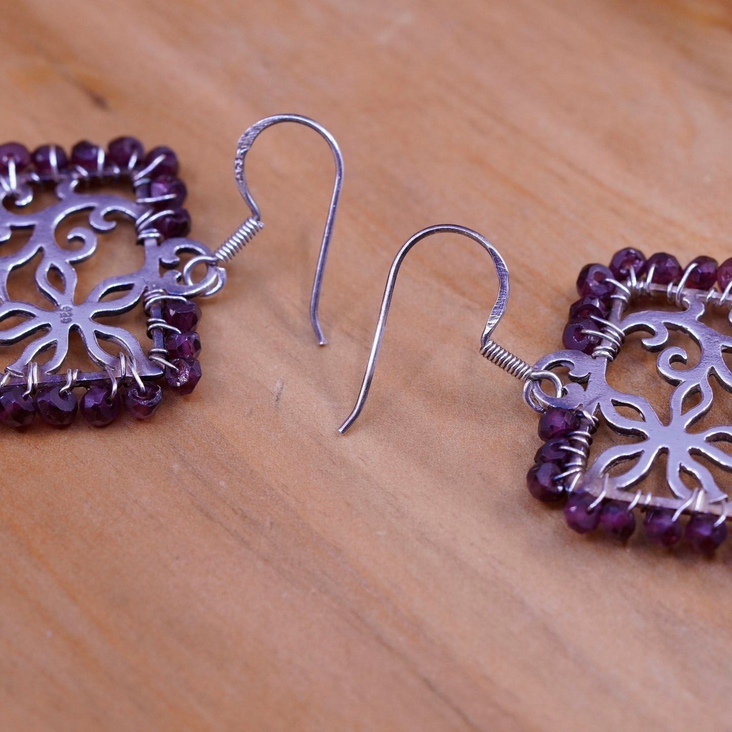 Vintage Sterling 925 silver handmade flower earrings with cluster garnet