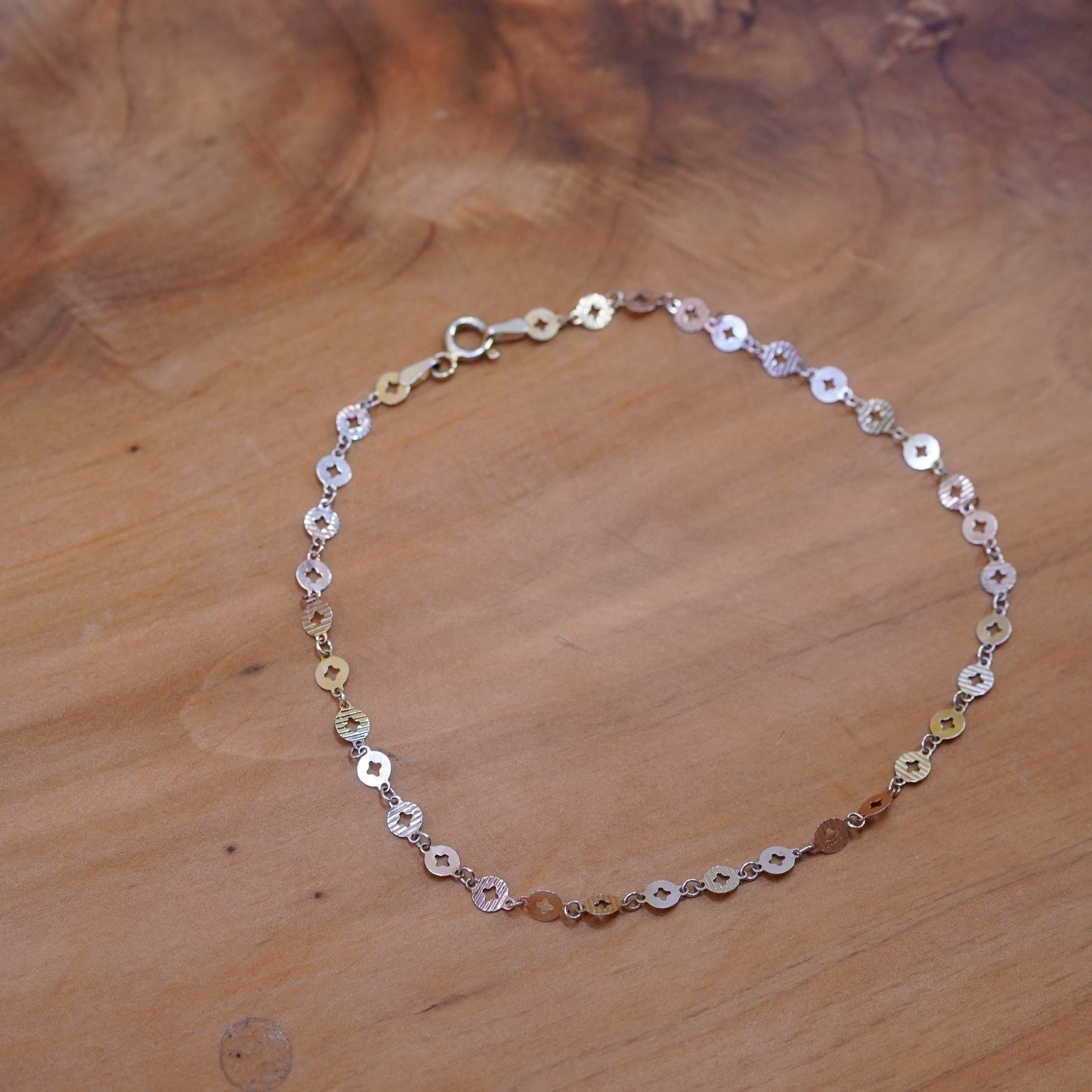 10”, Vintage two tone sterling silver handmade anklet, 925 flatten circle chain