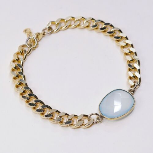 6.75+1”, Vermeil Gold Over Sterling Silver Bracelet, 925 Curb Chain W Chalcedony