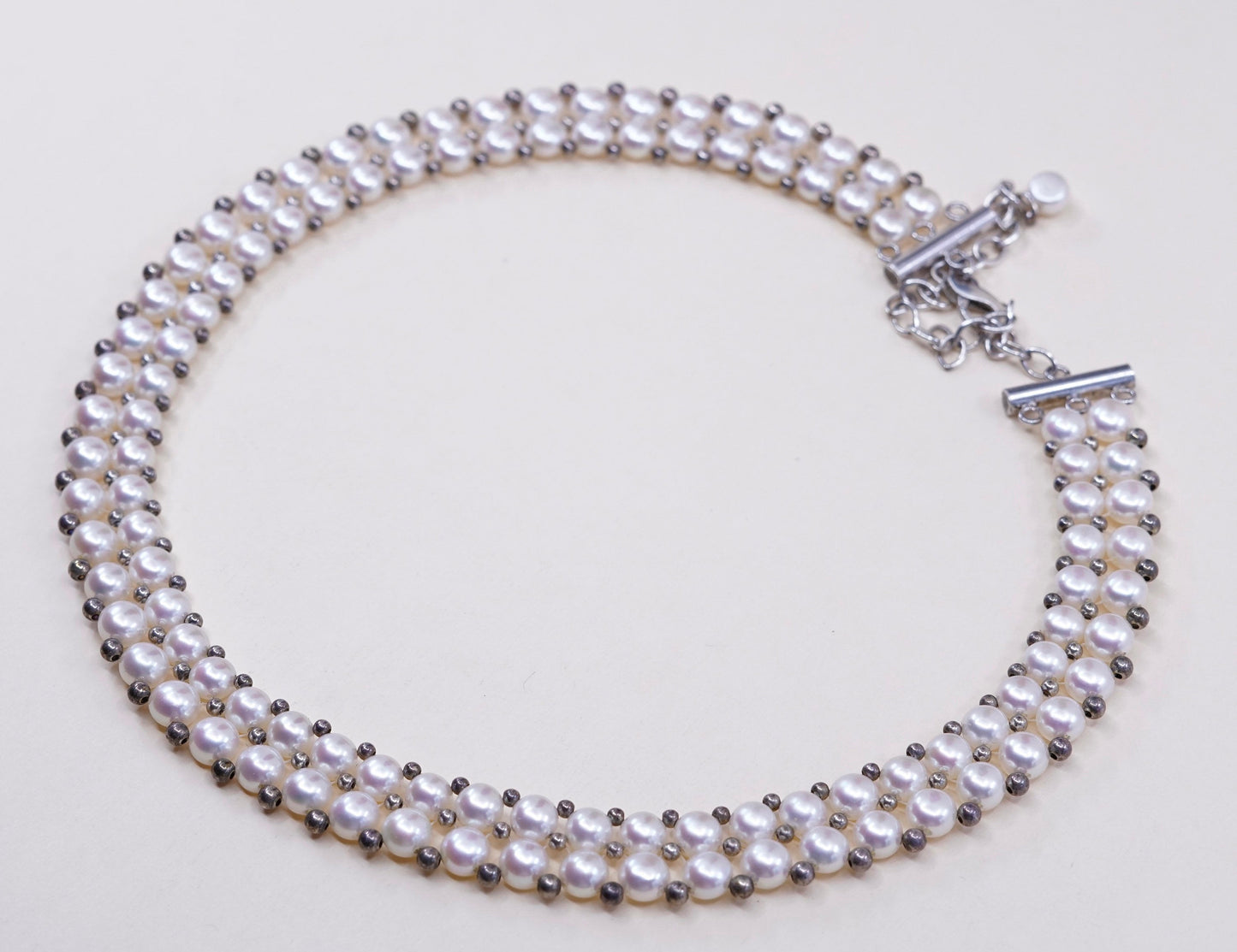 14+4” Vintage sterling 925 silver white freshwater pearl beads necklace chain