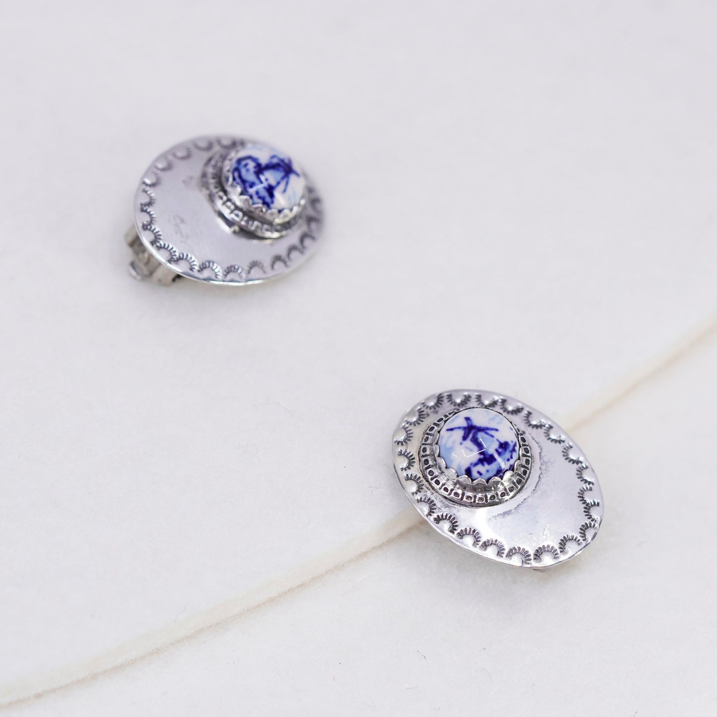 Holland Delft Dutch Porcelain windmill Sterling 925 silver clip on earrings