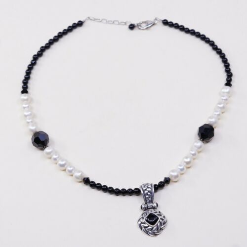 14”+2”, Vtg Sterling 925 silver Chain handmade necklace W/ Pearl N Obsidian Bead