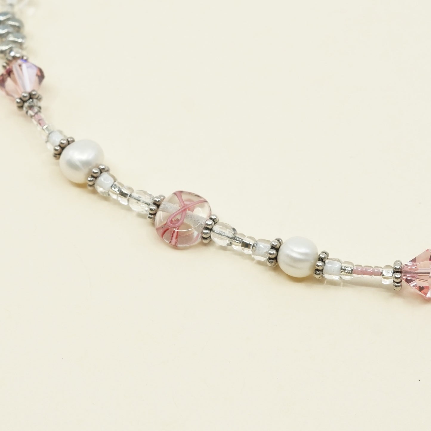 6.25”+1”, VTG Sterling silver handmade bracelet, pearl beads w/ pink crystal