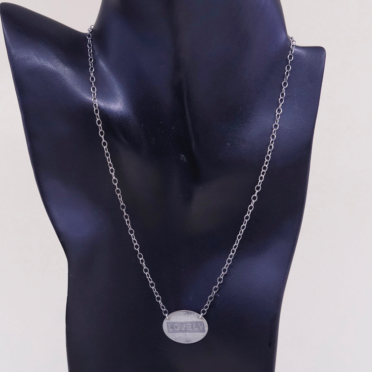16”, vintage sterling silver handmade necklace, circle tag “lovely” pendant