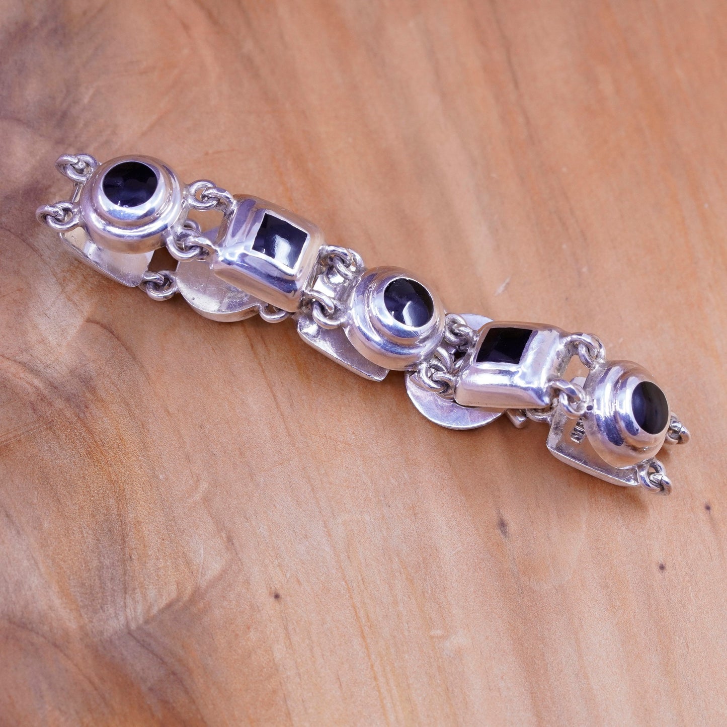 7”, Sterling silver handmade bracelet, Mexico 925 circle square chain with onyx