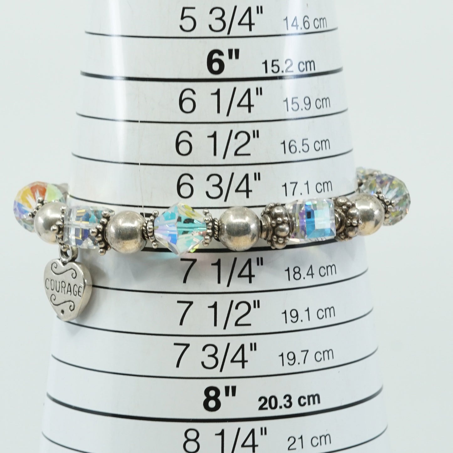 7", VTG Sterling silver handmade bracelet, 925 beads w/ crystal beads N heart