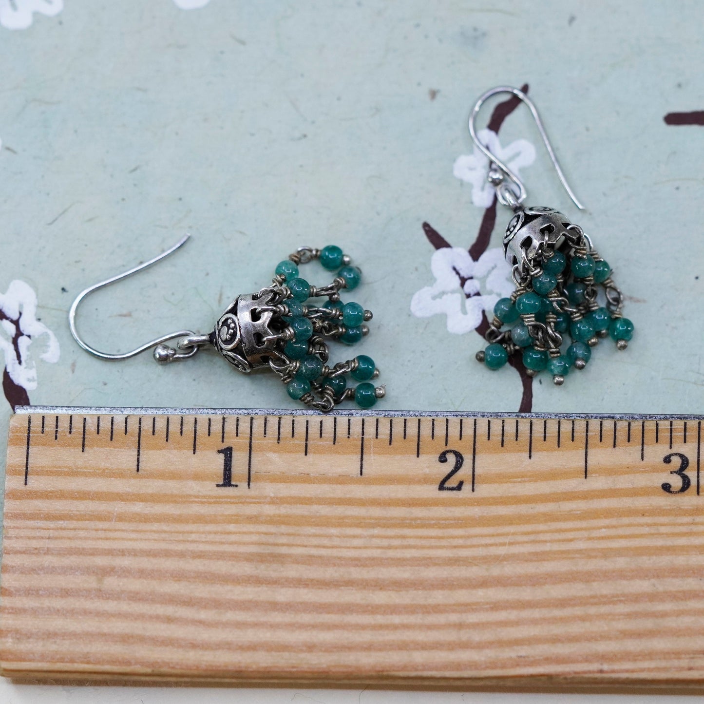 Vintage Sterling 925 silver handmade earrings with cluster jade beads