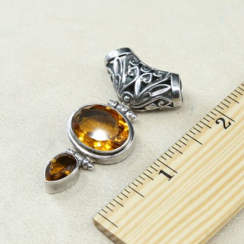 Vtg Handmade Sterling Silver .925 Bali Marquis Filigree Style Pendant W/ Citrine