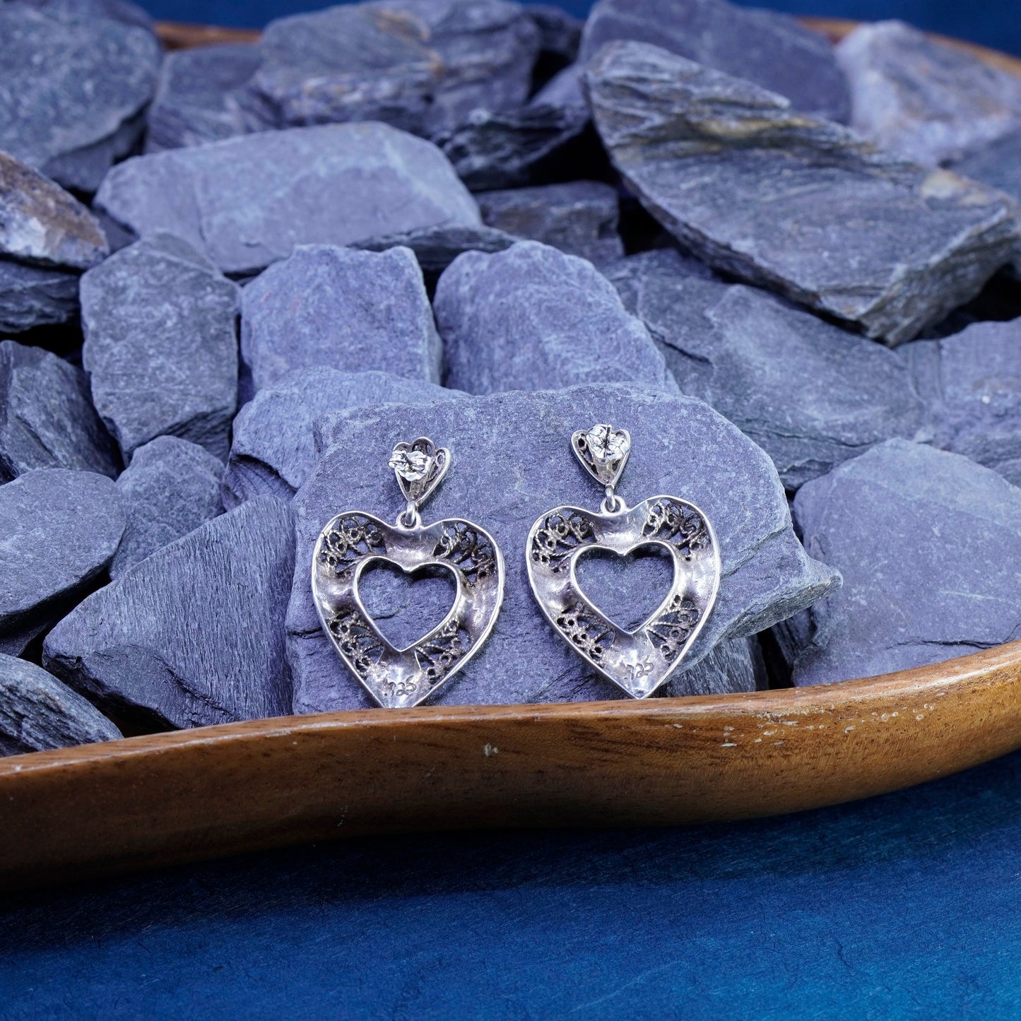 Vintage Sterling silver handmade earrings, 925 Bali filigree heart drops